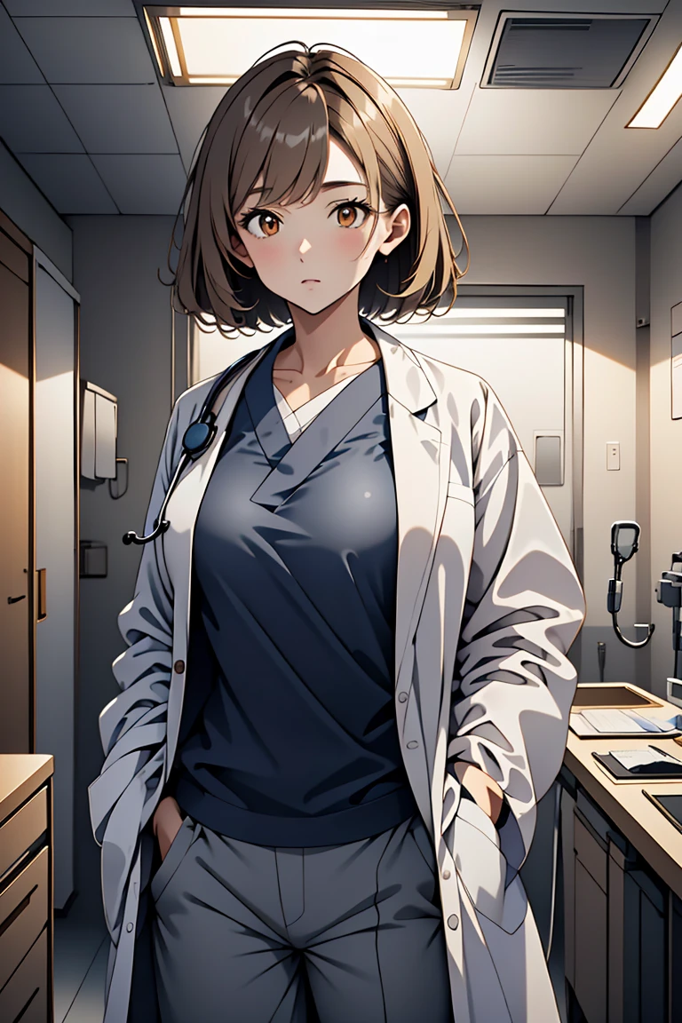 (RAW photo, best quality,facing the viewer,from front), operating room, overhead surgical light,blurred background, focused, dithering,backlighting,
 <lora:3dcc_Kimo_Tsunoda_V1.0:0.65> 3dcc, kimo tsunoda, 1girl, solo, light brown hair, orange eyes,
 <lora:Doctor_Uniform_V2.0:0.8> doctor_traditionalcoat, 1girl, solo, shirt, pants, labcoat, doctor, stethoscope, looking at viewer, hands in pockets,