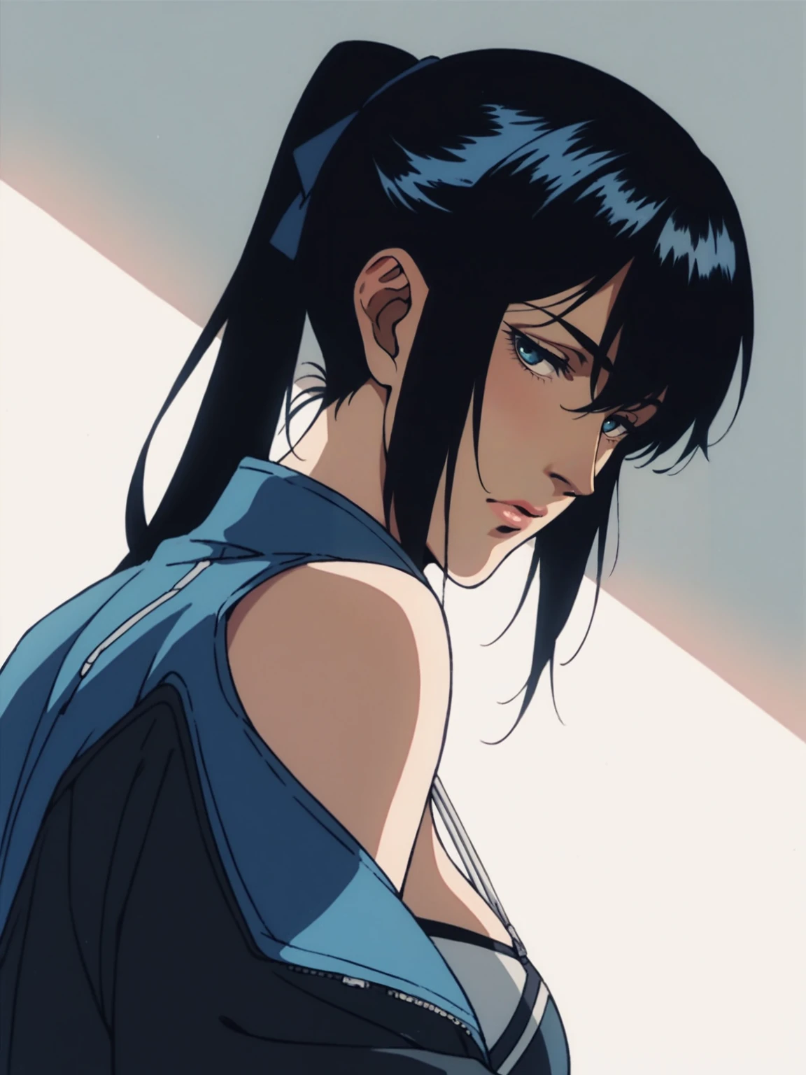 1girl bare_shoulders black_hair black_jacket blue_background blue_eyes blue_jacket breasts buckle closed_mouth from_side hair_between_eyes jacket large_breasts long_bangs looking_at_viewer looking_to_the_side medium_hair open_clothes open_jacket ponytail shadow sidelocks simple_background sleeveless sleeveless_jacket solo strap three_quarter_view upper_body zipper, <lora:ScrollD:0.8>, score_9, score_8_up, score_7_up, zPDXL3