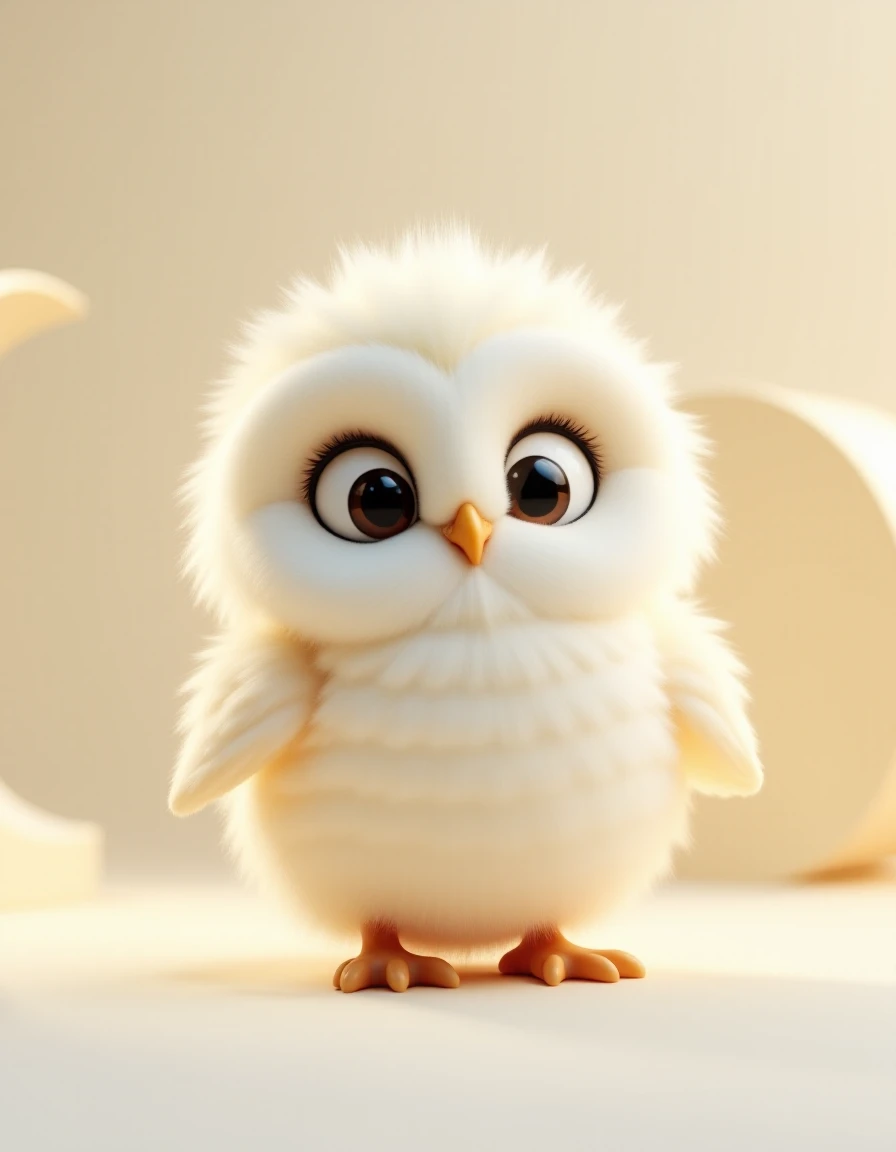 a cute fluffy owl chick with big bright eyes, centered composition with soft white feathers and a playful expression. A light pastel background with gentle curves enhances the scene. A detailed 3D rendering capturing warm lighting, soft shadows, and fuzzy texture