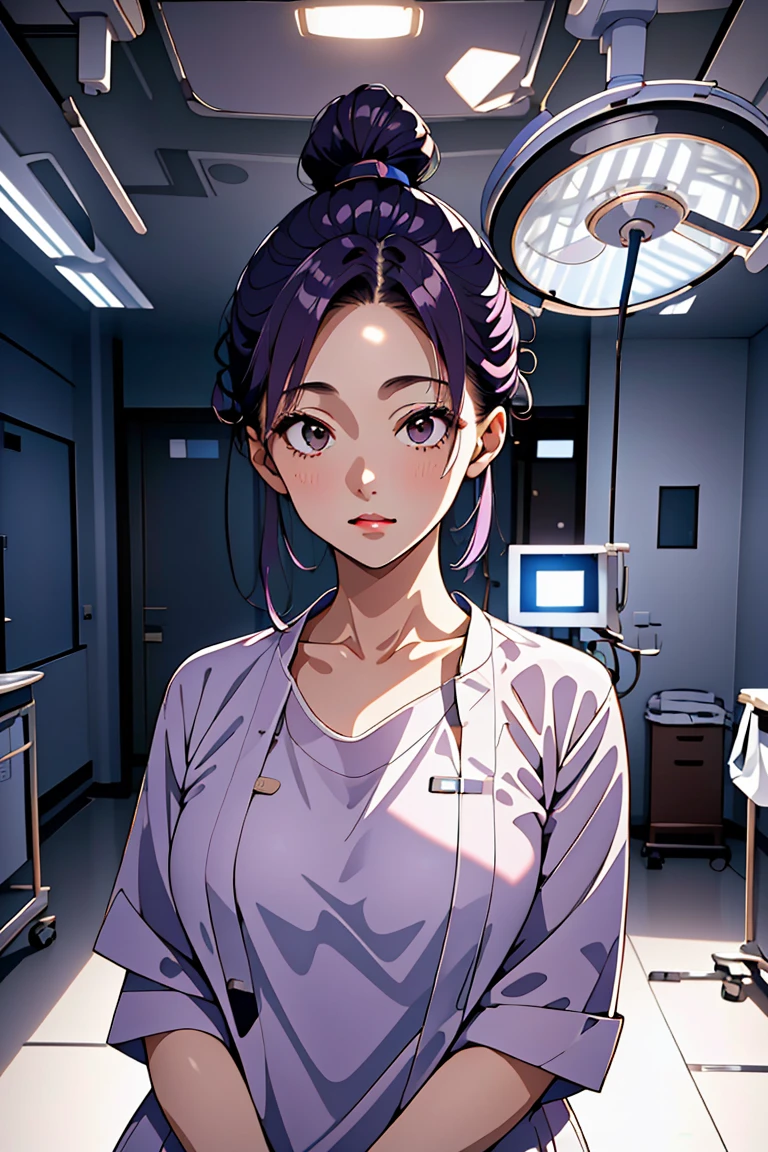 (RAW photo, best quality,facing the viewer,from front), operating room, overhead surgical light,blurred background, focused, dithering,backlighting,
 <lora:CMC_Katherine_Moretti_V1.0:0.9> cmc924, katherine moretti, 1girl, solo,dark purple hair, single hair bun, brown eyes,long hair,
 <lora:DW_PG_Doctor_ConceptOperatingRoomSD0_0:1> operating room