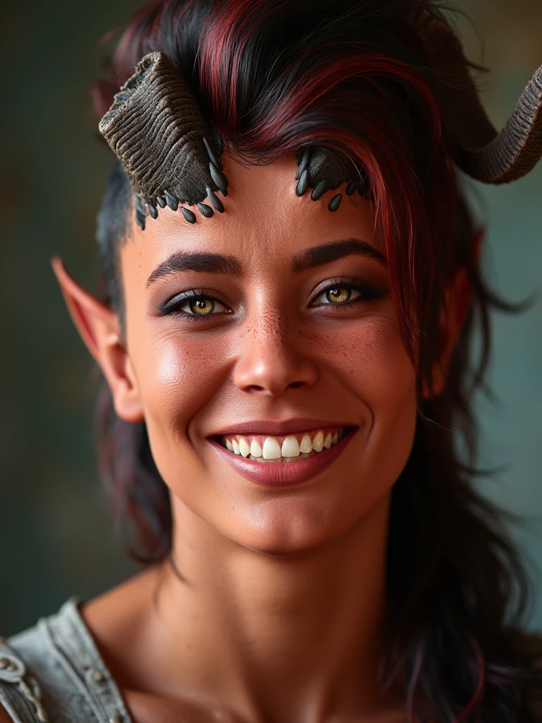 woman happy grin portrait. pointy teeth, best quality, 4k, 8k, high resolution, cinematic, vibrant, intricate, Hyperrealistic, high detail