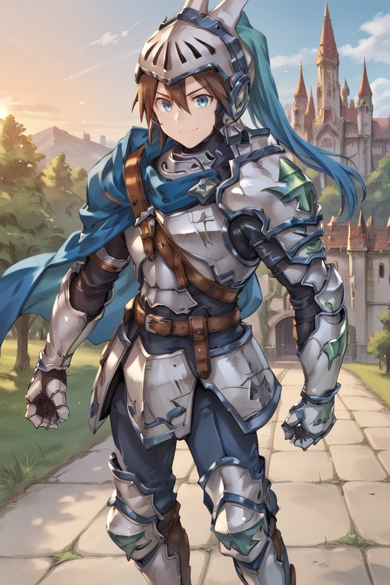 score_9, score_8_up, score_7_up, score_6_up, source_anime, BREAK, <lora:Durant:0.80>, durdef, 1boy, brown hair, short hair, hair between eyes, blue eyes, visor \(armor\), helmet, white armor, ((blue plume)), multicolored plume, short blue cape, shoulder belt, single pauldron, shoulder armor, gauntlets, greaves, cowboy shot, ((combat pose)), (solo), smile, closed mouth, looking at viewer, exterior, trees, cathedral, sunset, <lora:backgroundsetXL:0.2> , background,   <lora:Granblue_Fantasy_Style_XLv4:0.5>