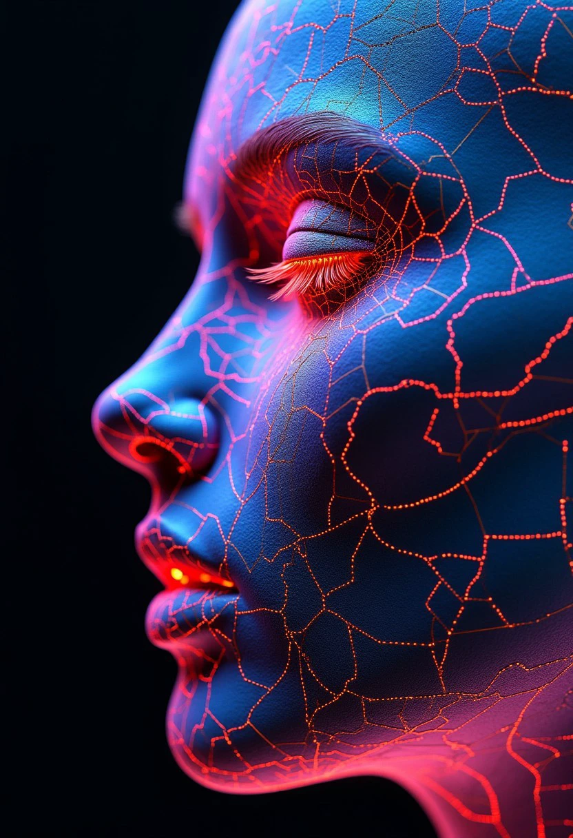 tessellations of a face, repeating fractal geometry of face, psychedelic realism, glowing lines, render, futuristic, glitch, depth of field, matrix, 7-retrofuturism