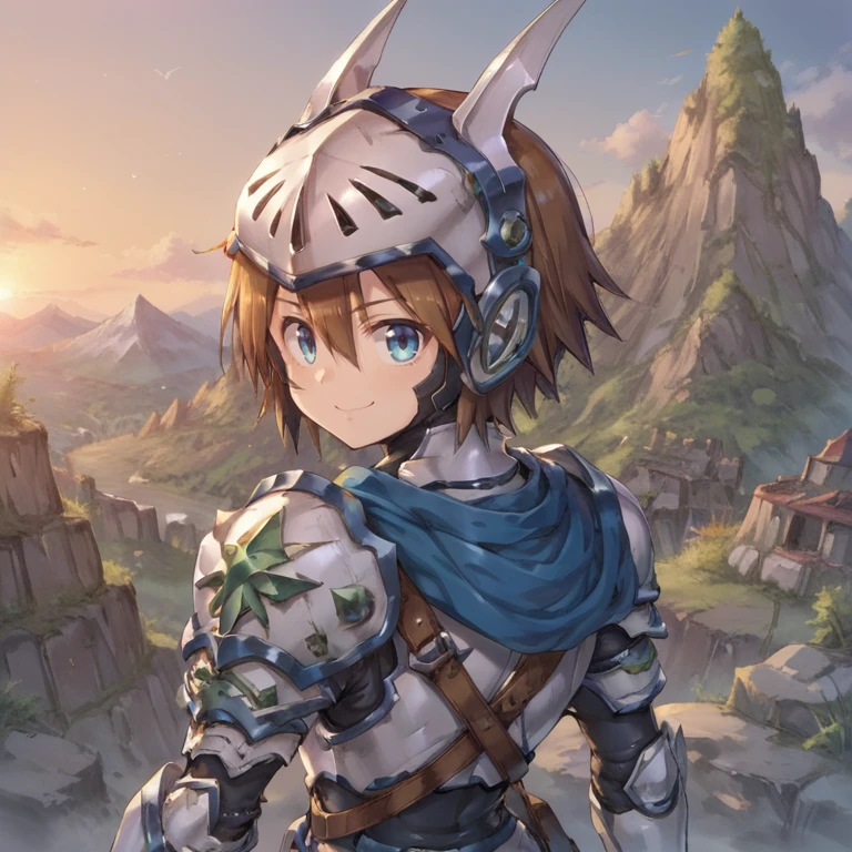 score_9, score_8_up, score_7_up, score_6_up, source_anime, BREAK, <lora:Durant:0.80>, durdef, 1boy, brown hair, short hair, hair between eyes, blue eyes, visor \(armor\), ((helmet)), white armor,  short blue cape, shoulder belt, single pauldron, shoulder armor, gauntlets, greaves, (from behind), lookng back, (solo), smile, closed mouth, looking at viewer, exterior, mountain, cliffs, wasteland, sunset, <lora:backgroundsetXL:0.2> , background,   <lora:d4rkpurpXLP:0.3> , d4rkpurp,