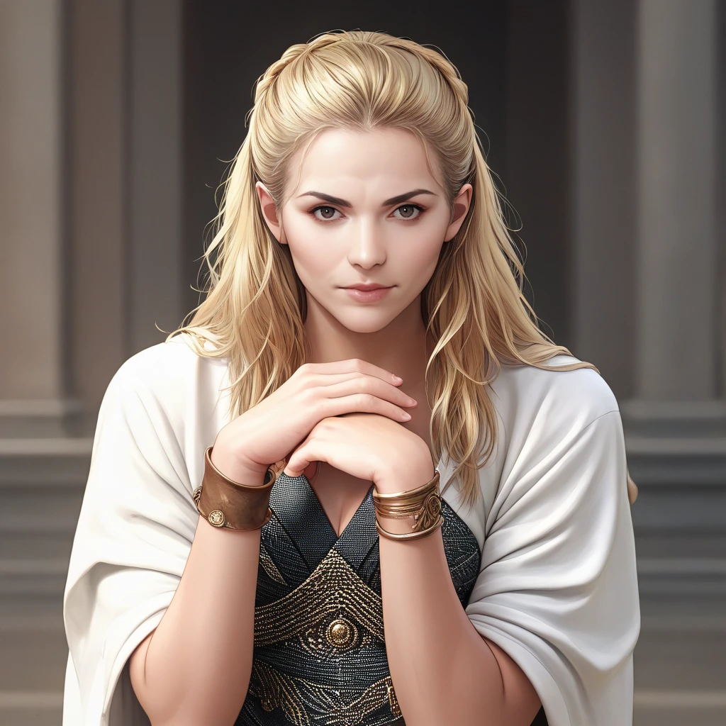 score_9, score_8_up, score_7_up, source_anime, solo, professional photograph of Calisto woman, up close, blonde, long hair, posing in ancient greece, wearing a bronze persian armor, bracelet, wearing a white cloak, looking at the viewer, <lora:Callisto Pony-000008:1>