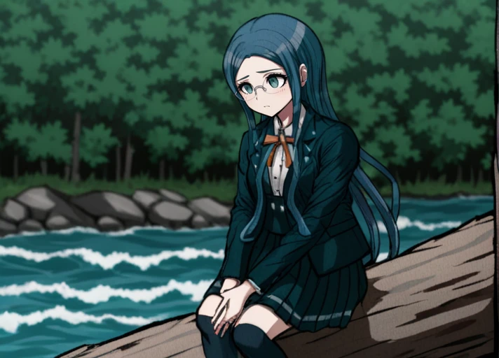 <lora:Tsumugi_Shirogane_SDXL:1>  This is a screenshot from Danganronpa V3 in danganronpa sprite style.  Tsumugi Shirogane wearing her uniform from Danganronpa V3. Tsumugi Shirogane has knee-length dark teal-blue hair parted in the center which is straight and smooth at the base and gradually splits into waves near the tips. Her eyes are large, round, and are a soft teal-green color. Tsumugi wears round, rimless glasses with white temples. Tsumugi's Danganronpa V3 school uniform consists of a white blouse with an orange bow tied at her collar underneath a two-button, pocketed, teal-black school blazer adorned with two silver buttons on each lapel and a single button on each gorge. She wears a knee-length teal-black pleated skirt with two dark teal stripes lining the hem. Her legwear consists of dark navy knee-length socks and teal-gray loafers.  Tsumugi Shirogane is within the setting of a Tsumugi Shirogane is in the woods, sitting on a log. She's holding her hand out and looking at a praying mantis sitting on her palm. Tsumugi looks wistful, nostalgic, and sad. A battered and worn bug box is sitting next to her on the log.