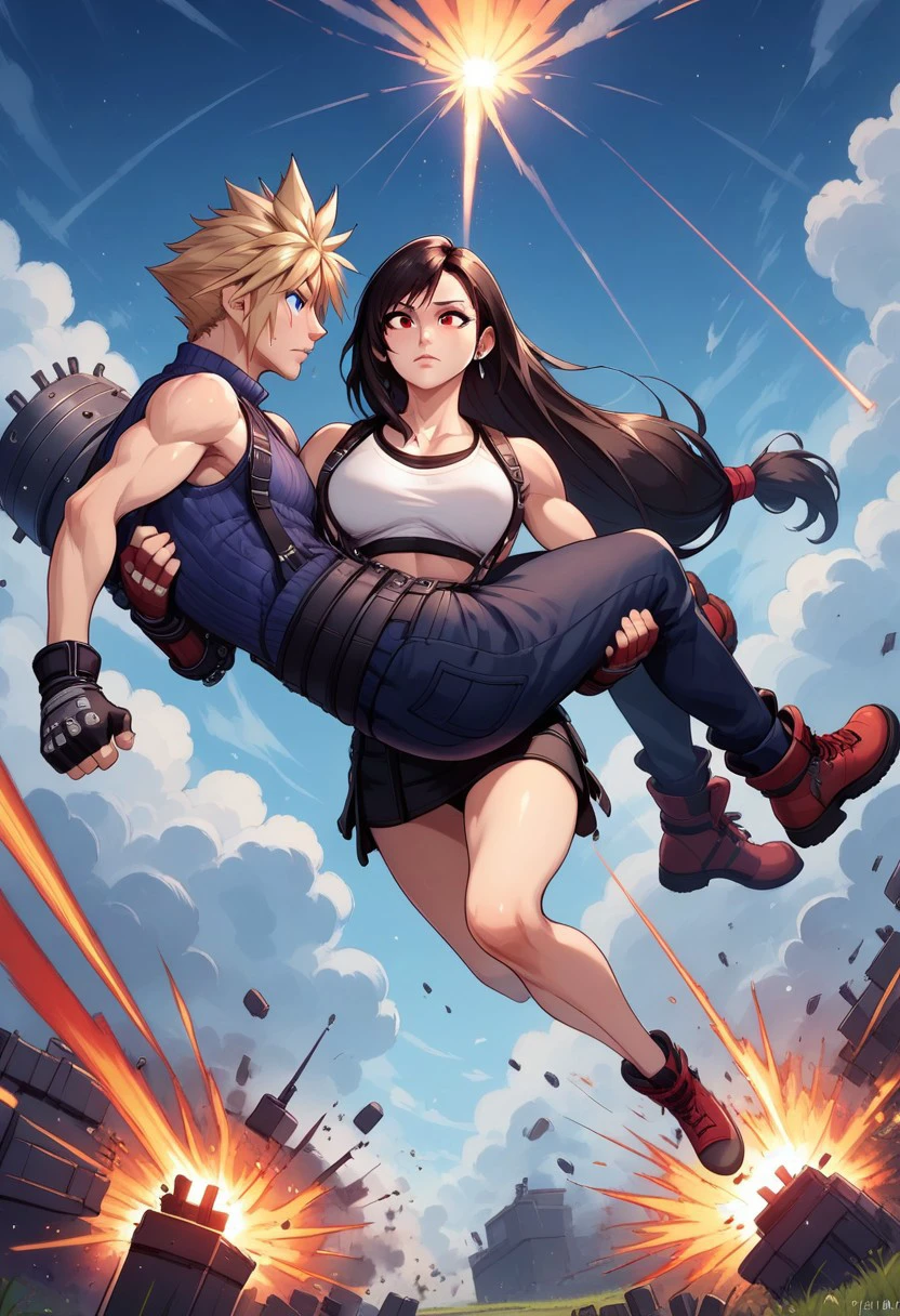 score_9, score_8_up, score_7_up, (in battle, lasers firing, explosions), perspective, low angle, angled view, dynamic action, rescuing, running, full body portrait, (((girl carrying boy, cradle carry))), 1girl (tifa lockhart, fit girl, long hair, athletic, largebreasts, perfect eyes, stunning large eyes, confident, beautiful face, smooth skin,
 toned arms), 1boy (unconscious, legs dangling, cloud strife),