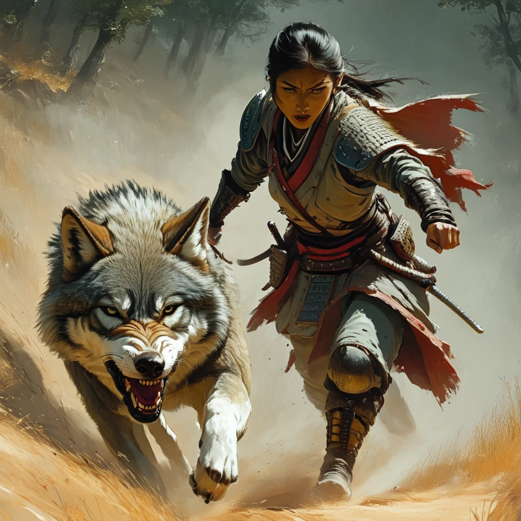 Ranger and Wolf, 1woman, samurai, wolf charging
