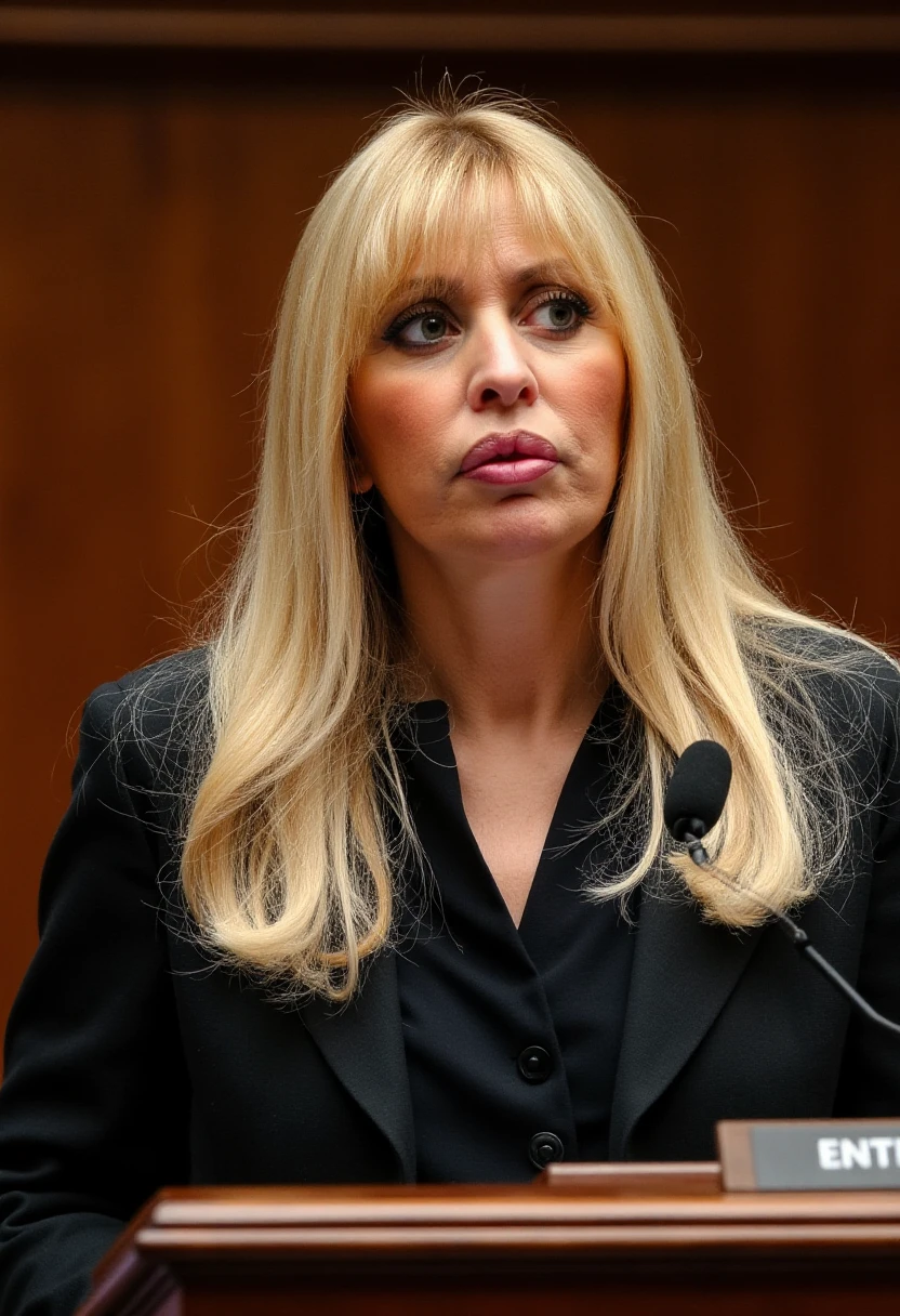 a photo of alessandramussolini standing alone at a podium in the Italian Parliament. She wears her long blonde hair open. She wears lipstick on her full lips and eyeliner makeup. Her skin shows ageing wrinkles. She is looking serious, possibly concerned.