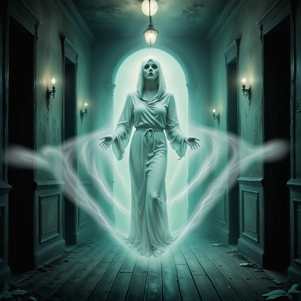 A spectral woman, ghostly and pale, ethereal, floating through the air in a long hallway. Rustic. Atmospheric.

ghstlyCE style