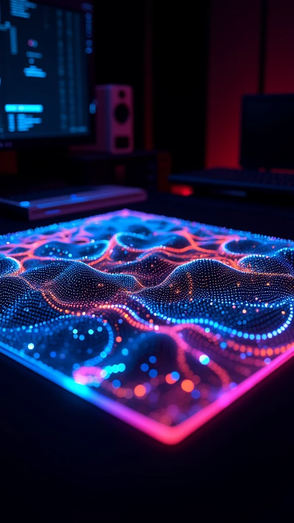 Dot Mat Hologram,a glowing desk in the dark,ethereal and dreamlike subjects,rich and nuanced color palettes,(emotional depth),elegant compositions,dopamine color,glowing lights,light navy and orange,flickr,light cyan and pink,electric color,