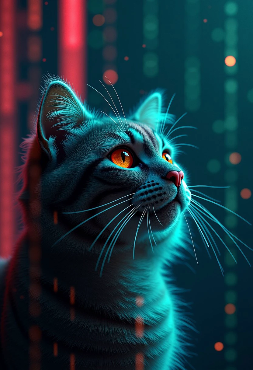 cat, glowing lines, render, futuristic, glitch, depth of field, matrix, 7-retrofuturism