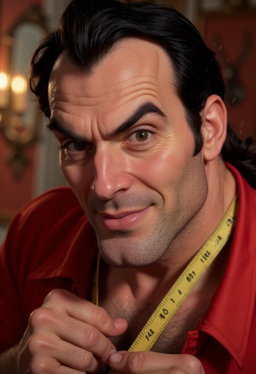 Facial close-up of a smug Gaston with a tape measure around his neck   <lora:Gaston_-_Beauty_and_the_Beast_F1D-000018:1.3>