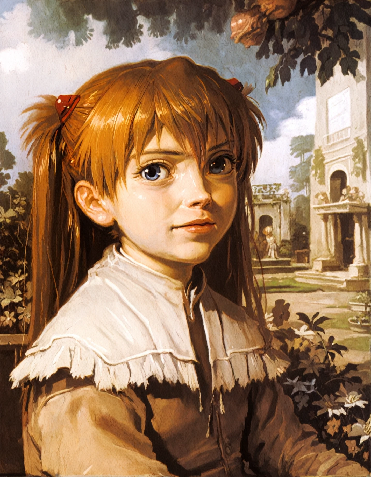 <lora:frans-hals_pony_v3:1>  ' Asuka Langley Soryu in a Garden ' by Hals Frans in 1622, portrait \(genre\), Baroque \(style\), female-portraits, Lady, Cheek, The artwork is a portrait of a young woman,, score_9, score_6_up, score_7_up