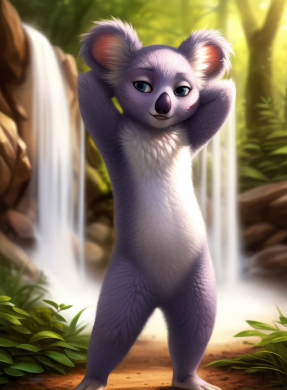 <lora:MirandaTheOutDom:0.8> MirandaTheOut, koala, light purple fur, blue eyes, (chibi,)
[  (nature), forest, day, clouds, waterfall,  smile,]  ((Hands on hips, standing,hand behind head,))
(beautiful, aesthetic, perfect, delicate, intricate, saturated colors), masterpiece, digital drawing, best quality,
((Hands on hips, standing,hand behind head,))
by ulitochka, by taran fiddler, by Silverfox5213, by personalami,