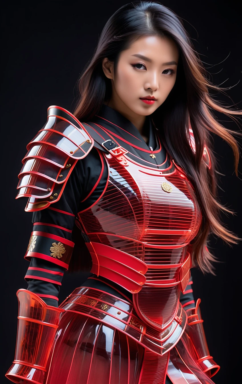 Closeup Portrait, An Abstract surreal colorful simple painted black PESonGoku
(girl wearing (red transparent Japanese Samurai Armor:2), (red Transparent shoulder pads:2), (red Transparent Shoulder Armor:2), (red Transparent Bracers Armor:2),
(red Transparent Wrist Armor:2)) standing with extreme Long Hair throughout the frame, made of lines, vertical lines, horizontal lines, Portrait Made of intertwining snakes,
weaving over and under each other throughout the frame, emphasis effect, moire effect, seamlessly extends the lines,
(masterpiece:1.8), (highest detailed:1.8), (angle:1.8), perfectly lighted, (contrast), (saturated), (((sharp focus))), (sexy pose:2), (hyperdetailed:1.3), (intricate details:1.2),
(Refined details:1.3), (best quality:1.5), highly detailed transparent textures, transparent vibrant colors,
<lora:add-detail-xl:1> (ultra sharp focus:1.8), (thin lines:1.8), (best quality:1.8),
<lora:Someplastic:1>,