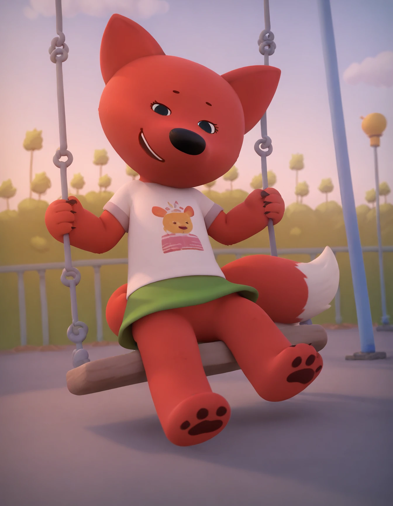 score_9, score_8_up, score_7_up, score_6_up, score_5_up, score_4_up,
Lisichka, girl, red fur, red ears, black eyes, fluffy red tail, red face, black nose, green skirt, white t-shirt, swing, playground, looking at viewer, paws
<lora:Lisichka_XL:0.9>
 <lora:swing_Pony_v1:0.8>