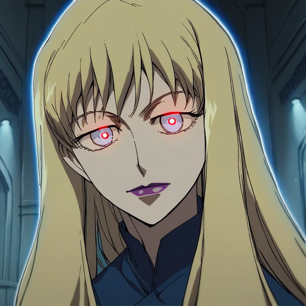 source_anime, ((score_9)),score_8_up,score_7_up,score_6_up,score_5_up,score_4_up, retro_artstyle, anime style, 1womanbrita_(darker_than_black), long_hair, blonde_hair, purple_lips large breasts, (blue eyes), (Contractor, red_pupils, glowing, glowing eyes), looking at viewer, facing viewer, masterpiece, best quality, highres, best illumination, depth of field, Artist style:urushihara satoshi, BR1T4,