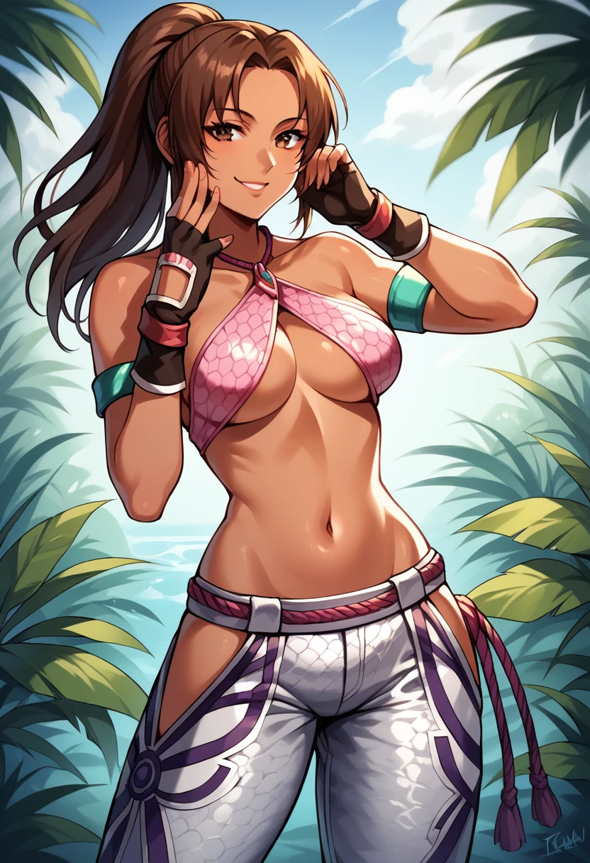 score_9, score_8_up, score_7_up,  source_anime,  BREAK,  <lora:TekkenChirstieMonteiro-000008:0.9>,  TekkenChris, ponytail, dark-skinned female, brown eyes, pink crop top, criss-cross halter, underboob, green armlet, fingerless gloves, silver pants, hip vent, 1 girl, solo,  rope belt, jungle, hand on own face, seductive smile,