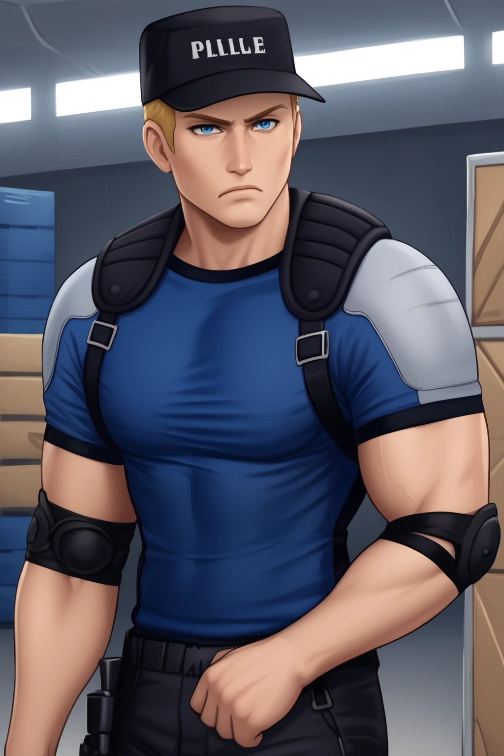 muscular, taut shirt, blue t-shirt, sleeves on shoulders, black baseball cap, elbow pads, black pants, police uniform, shoulder straps, blonde hair, silver shoulders, blue eyes, (masterpiece, best quality:1.2), solo, male focus, 1boy, big pecs, serious face, warehouse, looking away from viewer, holding handgun, sneaking