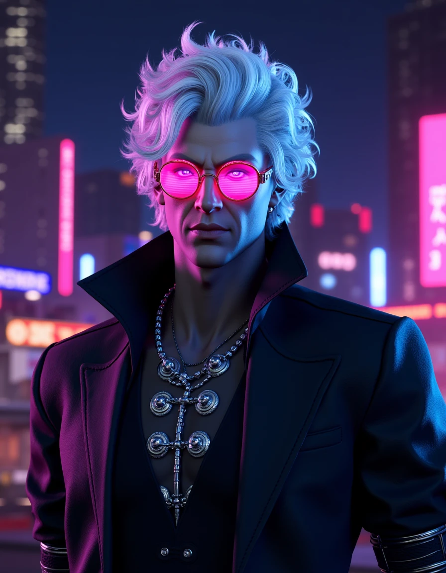 <lora:Astarion_Baldurs_Gate_3-000011:1>, BG3_Astarion wearing cyberpunk outfit, scifi glasses, white hair, man, neon lights, cyberpunk city at night in background