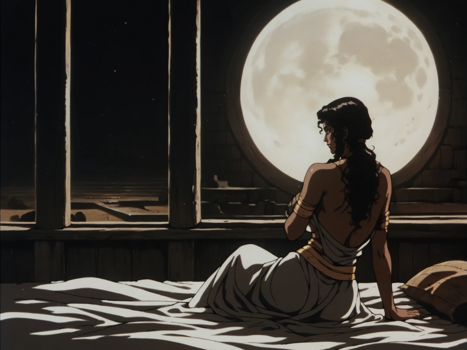 a dark skinned Egyptian beauty woman with a curvy figure with large breasts and long curly hair pulled back in a ponytail, dressed in egyptian armor, sits on the edge of a carved bed, behind her a tall window with a wooden lattice, opening into ancient egypt city, a small moon is visible in the dark sky, endless galaxy, solo, <lora:ScrollD:0.8>, score_9, score_8_up, score_7_up, zPDXL3