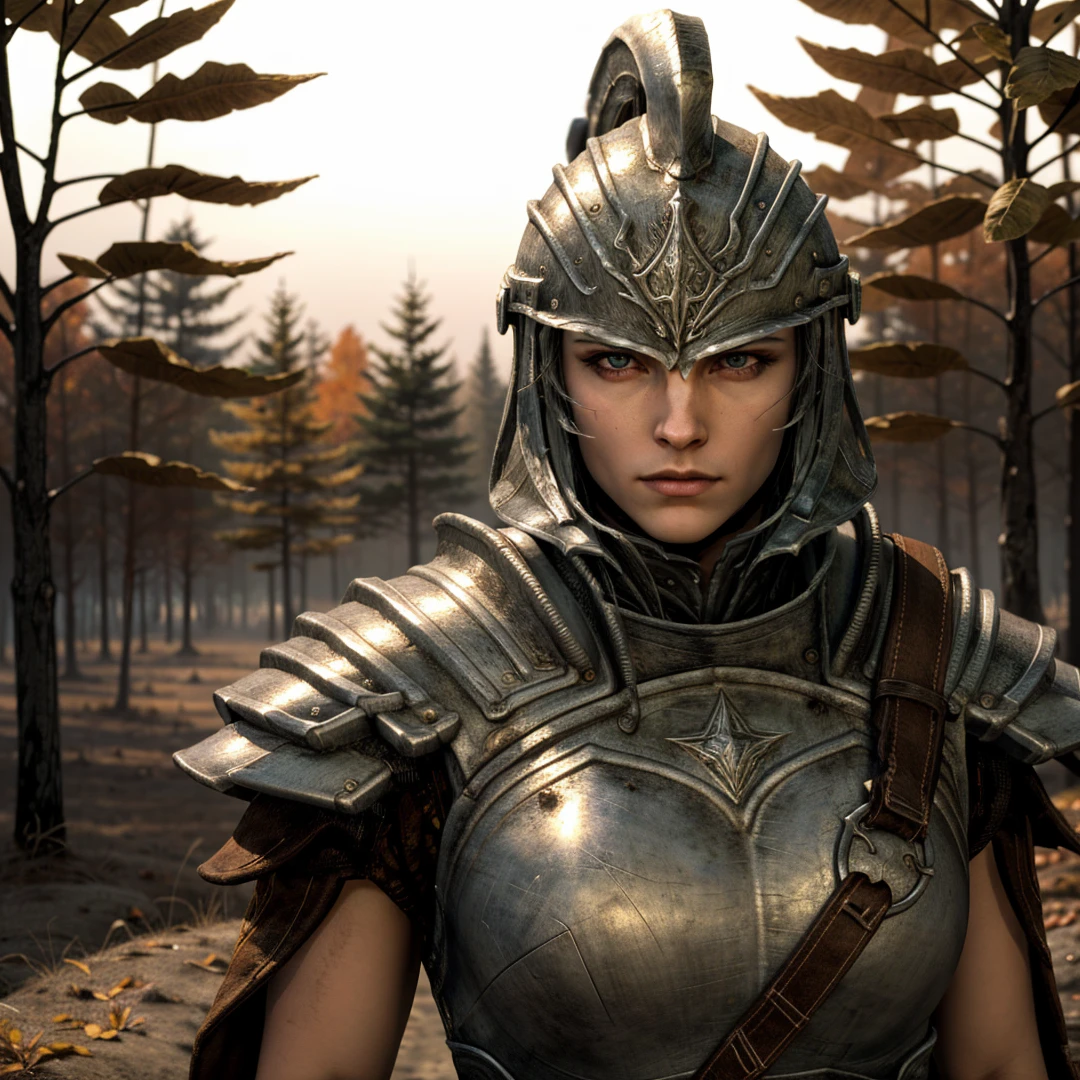 1girl,solo,beauty,armor,helmet,bracer,looking at viewer,outdoors,sunset,forest,((in autumn)),cowboy shot,((realistic)),Highly detailed,(ultra-detailed),(best quality,masterpiece:1.5),<lora:The Elder Scrolls V Skyrim-Empire Armor:0.7>,