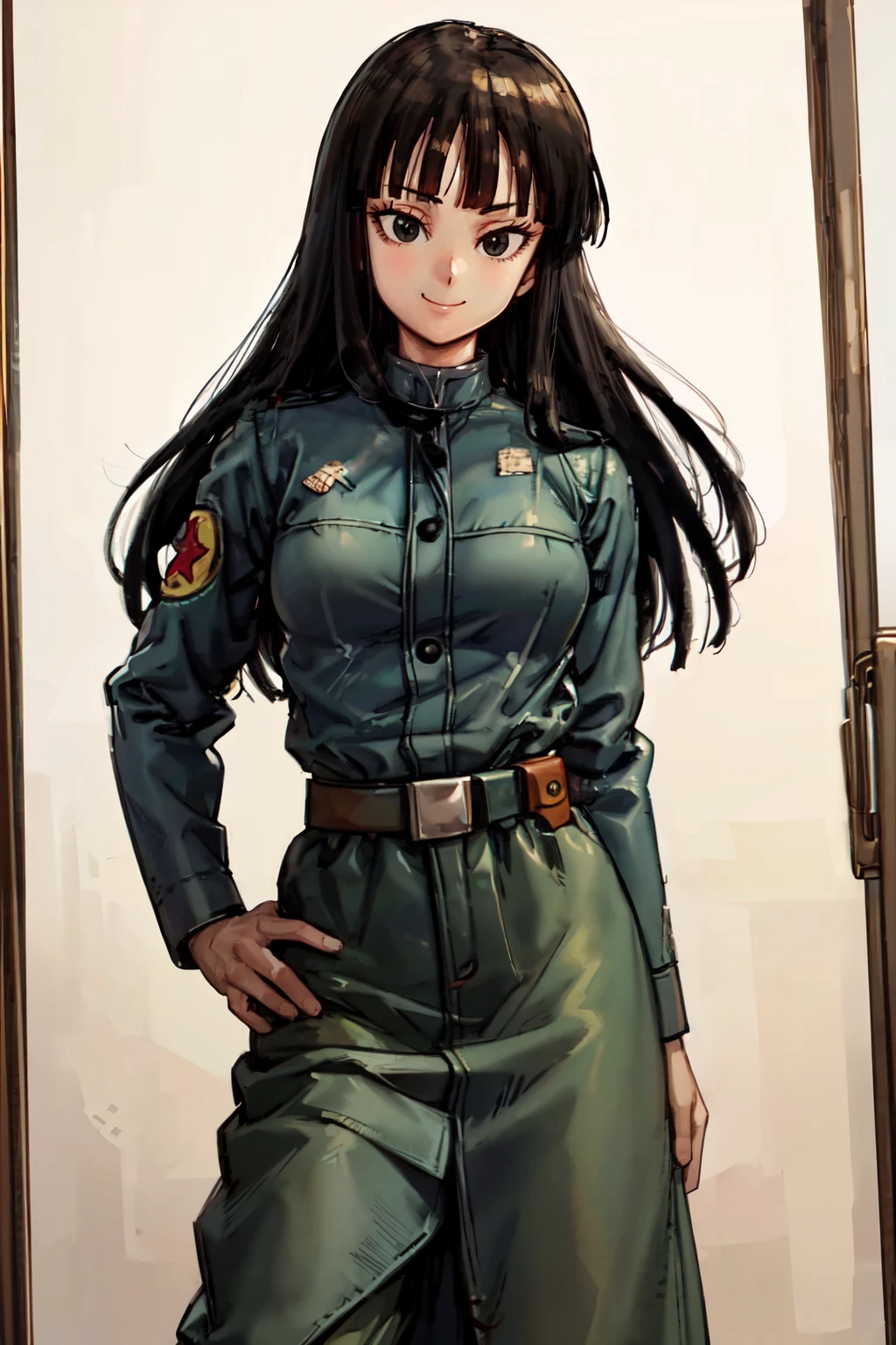 ((masterpiece,best quality)), absurdres,  BREAK, , <lora:FutureMai_DragonBall:0.8>,  zzMai, long hair, black hair, black eyes, blunt bangs,  military uniform, belt, , BREAK, hip to the side, contrapposto,, BREAK, solo, smile, looking at viewer, cowboy shot,