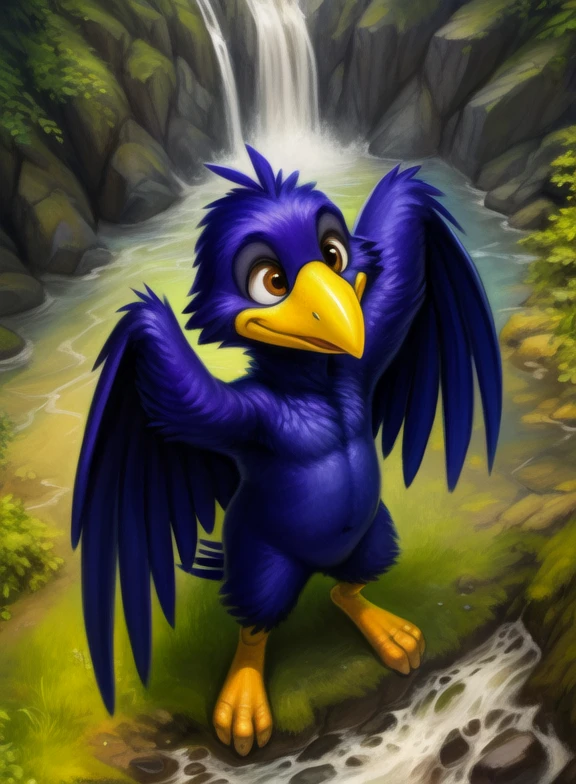 <lora:RudiRudTrudYif:0.8> RudiRudTrud, raven, bird, dark blue feathers, orange paws, dark brown eyes, beak, ( chibi, baby, nude, naced, )  arms wings
[  solo, (nature), forest, day, clouds, waterfall,] (( standing, high-angle view, hand behind head,))
(beautiful, aesthetic, perfect, delicate, intricate, saturated colors), masterpiece, digital drawing, best quality,
[by kenket|by totesfleisch8], by thebigslick:by silverfox5213:0.8], [by syuro, by paloma-paloma::0.2, (Tricksta, TotesFleisch8)