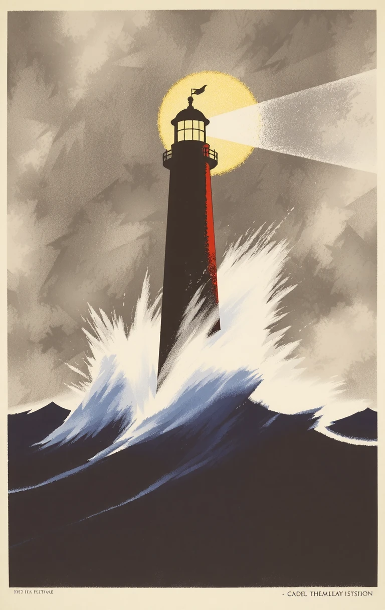 propaganda poster is a painting of a lighthouse in the middle of a stormy sea. The lighthouse is black and red in color and has a pointed top with a small chimney on top. The sky is filled with dark clouds and the sun is shining brightly in the background, creating a dramatic and ominous atmosphere. The water is choppy and turbulent, with large waves crashing around the lighthouse. The overall mood of the painting is dramatic and dramatic.