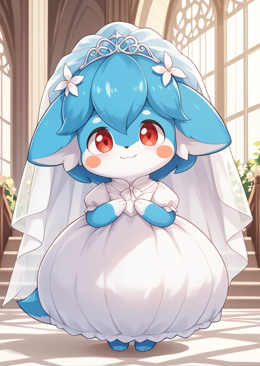 score_9_up, score_8, score_7, score_6, BREAK
Palimu, solo, looking at viewer, red eyes, closed mouth, standing, full body, no humans, blush stickers, blue fur, BREAK
detailed background, church, wedding dress, wedding veil, shy, blushing, smile, happy