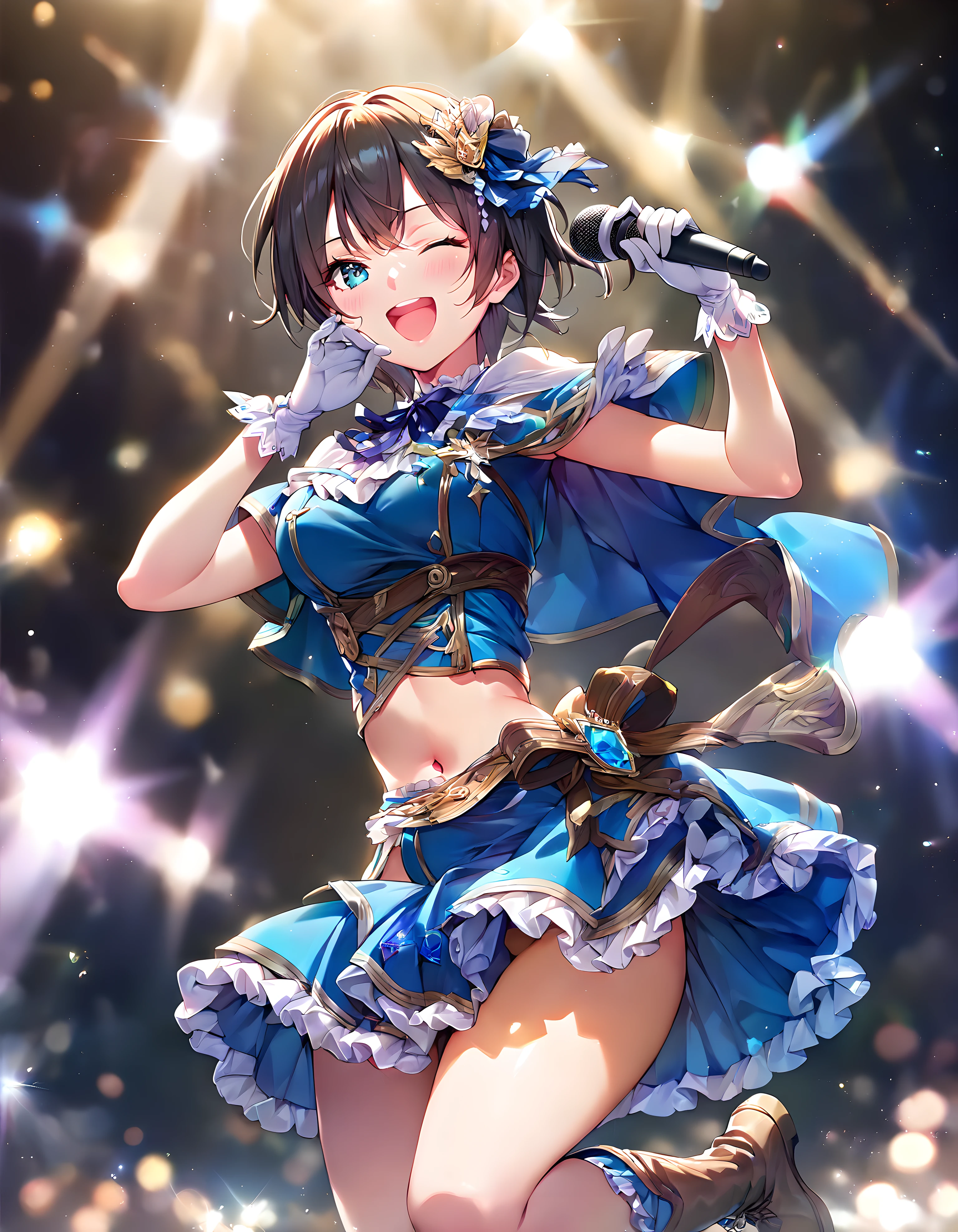 <lora:pony_xl_aoi:0.9>,aoi,score_9,score_8_up,score_7_up,source_anime,best quality,masterpiece,super fine illustration,1girl,solo,idol,hair ornament,hair ribbon,black neck ribbon,blue shirt,crop top,midriff,navel,short sleeves,blue small caplet,capelet,ruffles,white gloves,blue mini skirt,pleated skirt,brown boots,standing,hands up,microphone,holding microphone,standing on one leg,stage,spotlight,blurry,blurry background,smile,;d,one eye closed,open mouth,blush,