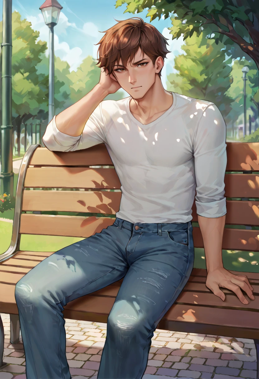 score_9, score_8_up, score_7_up, BREAK ict style, 1boy,male focus, brown hair, brown eyes, sitting, bench, park,jeans,looking at viewer, hand in own hair, arm support,