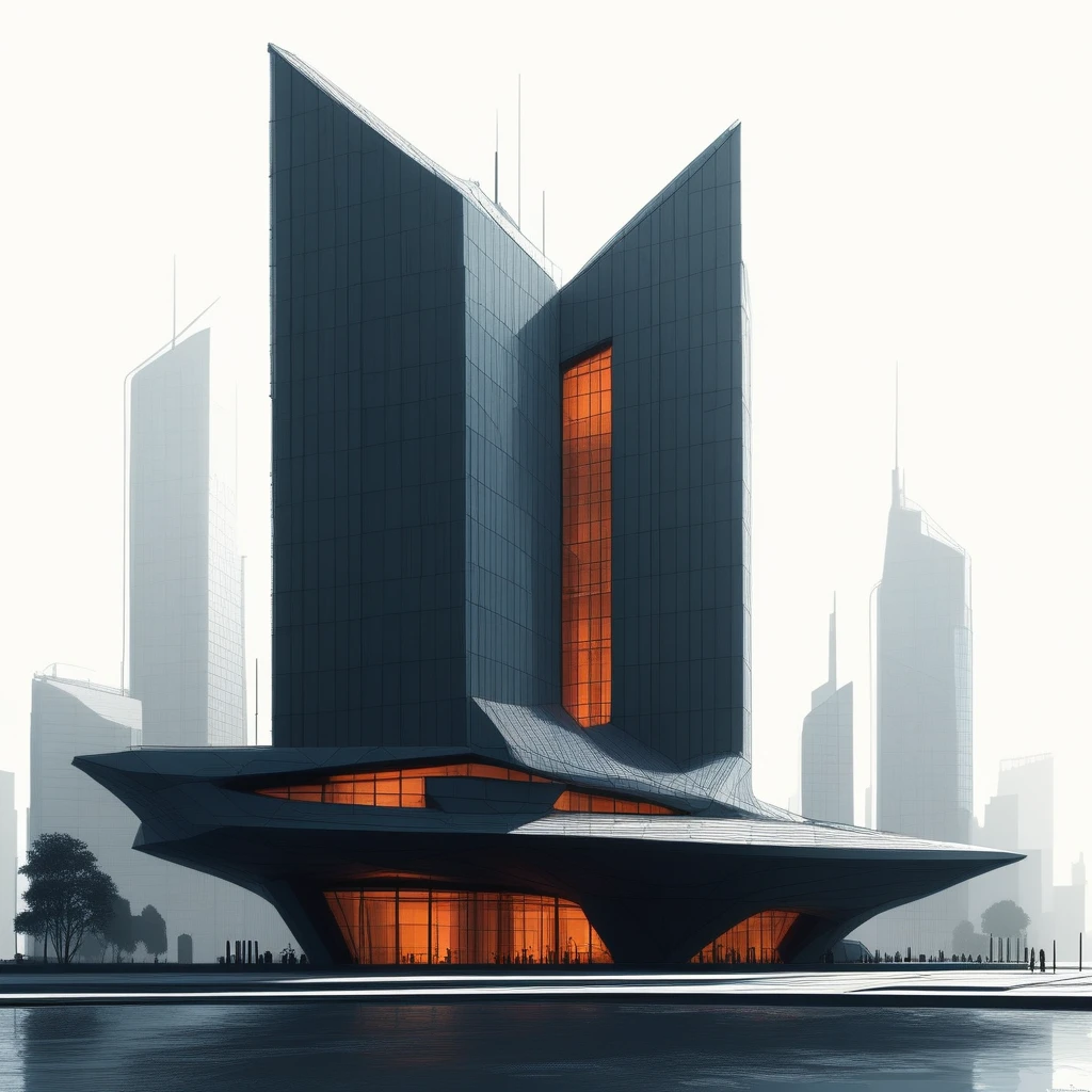 Create an architectural design of a futuristic building using the silhouette art style, focusing on the building's iconic facade. The structure is defined by bold, clean lines that outline its sleek and innovative form, blending shadow and architectural sketch techniques. The silhouette of the building is presented in profile, with strong geometric shapes and sharp edges that emphasize its modern and forward-thinking design.  Subtle shadows are used to reveal intricate details, such as the angular windows and dynamic roofline, adding depth and highlighting the building's architectural features. The facade includes elements like cantilevered sections or recessed lighting that enhance the silhouette without overpowering it.  The background features a faintly sketched cityscape or abstract pattern, adding context and enhancing the silhouette while keeping the focus on the building's design. The combination of bold outlines, soft shadows, and detailed sketching captures the essence of the building's futuristic and iconic character in a visually compelling manner.