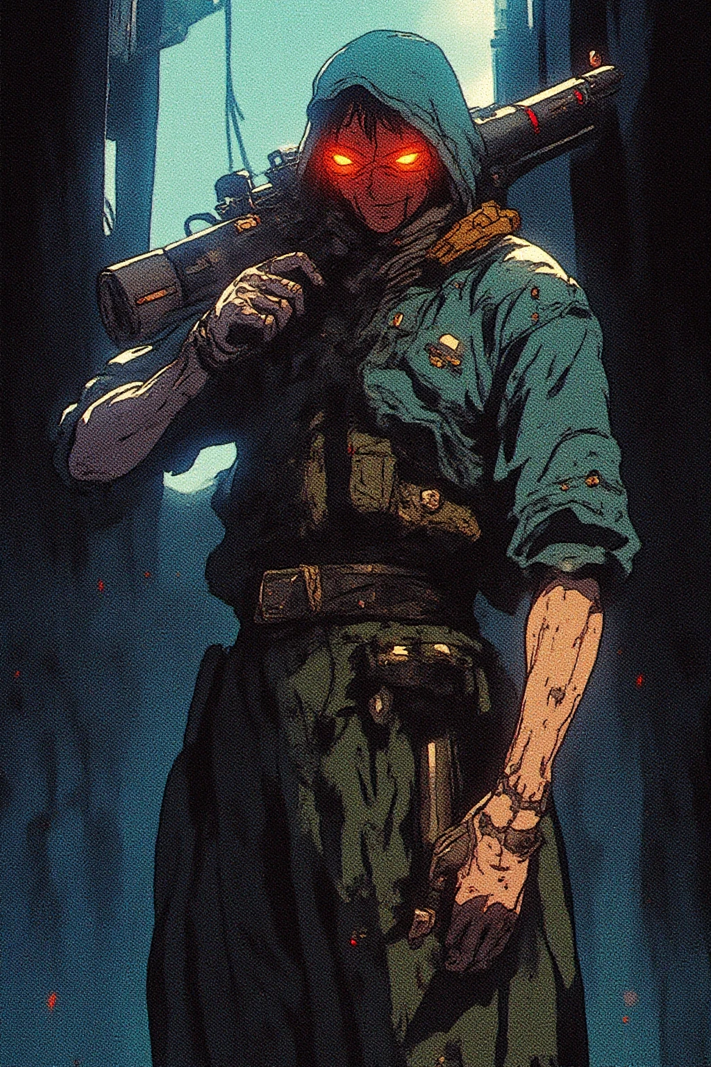 A digital retro anime style, comic illustration of a cybernetic bounty hunter with mechanical enhancements, glowing red eyes, and a high-tech weapon, poised for action in a shadowy alleyway.