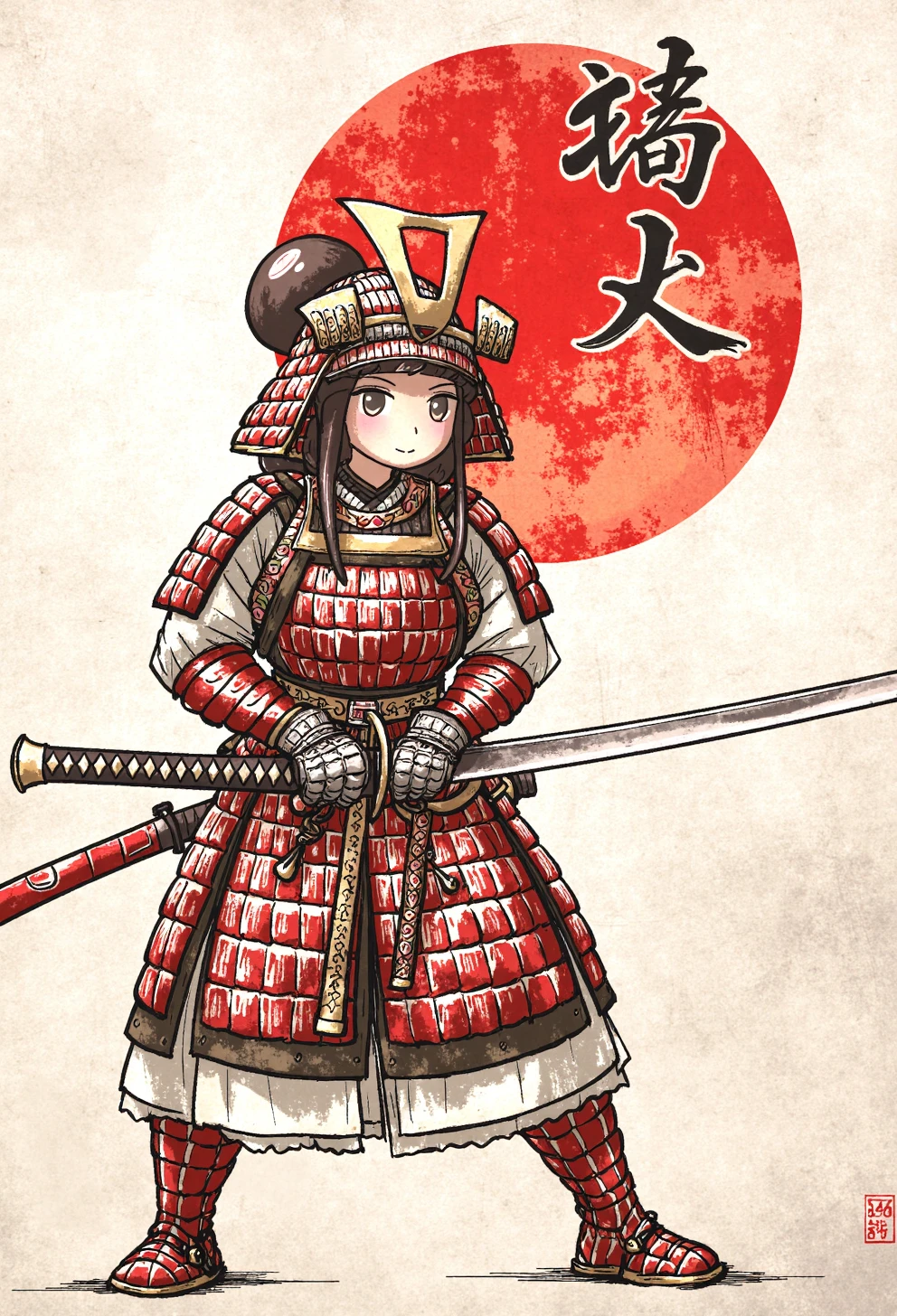 samurai girl in full japanese armor, she is weilding a katana,The background is paper white, made with ink,