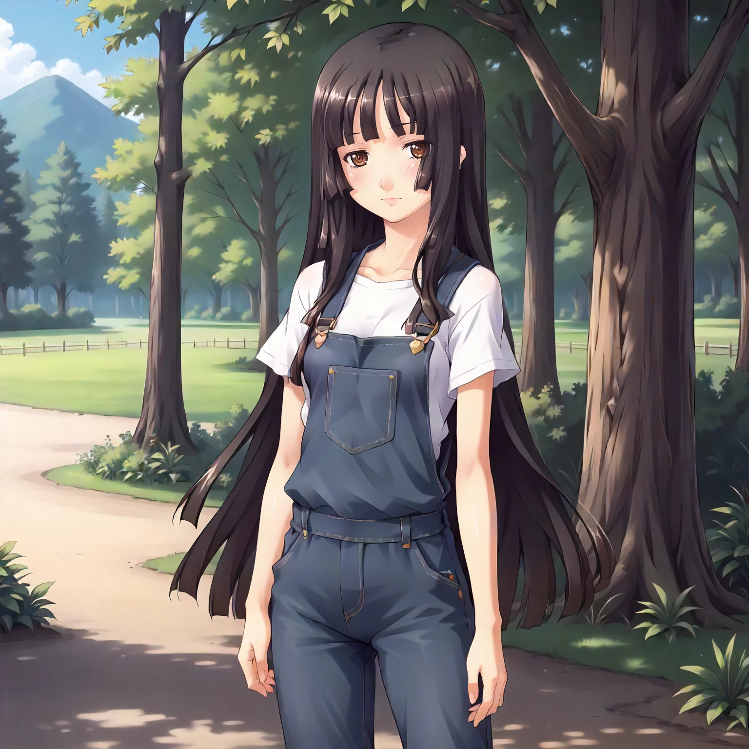 <lora:SDG_HiyoriKozakuraXLpony001>,
outdoors,nature,
solo,
HiyoriKozakura,1girl,black hair,long hair,hime cut,brown eyes,
standing,
overalls,