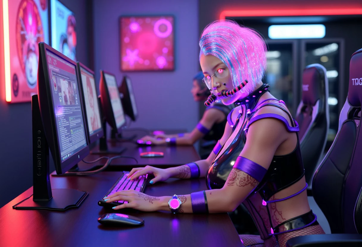 Raw photo, 8k uhd, dslr, soft lighting, high quality, film grain, Fujifilm XT3, ultra hyper realistic woman with ultra hyper extreme albino skin, cyberpunk hacker, cyberpunk hairstyle, neon color hair, purple harnesses outfit, japanese tattoos, imprinted circuit digrams skin, wide hips, hourglass bodyshape, purple eyes, transparent gas mask, very cute,1girl, arm tattoo, barcode, barcode tattoo, body writing, bodypaint, breast tattoo, breasts, chest tattoo, cleavage, fishnet legwear, fishnets, full-body tattoo, glasses, heart tattoo, leg tattoo, neck tattoo, shoulder tattoo, solo, stomach tattoo, tattoo, sitting at a hacker table with multiple monitors on the wall, multiple pc towers in the background, cyberpunk style, neon lighting, 18mm f/11 photograph, film,  professional, 4k, highly detailed, colorful,