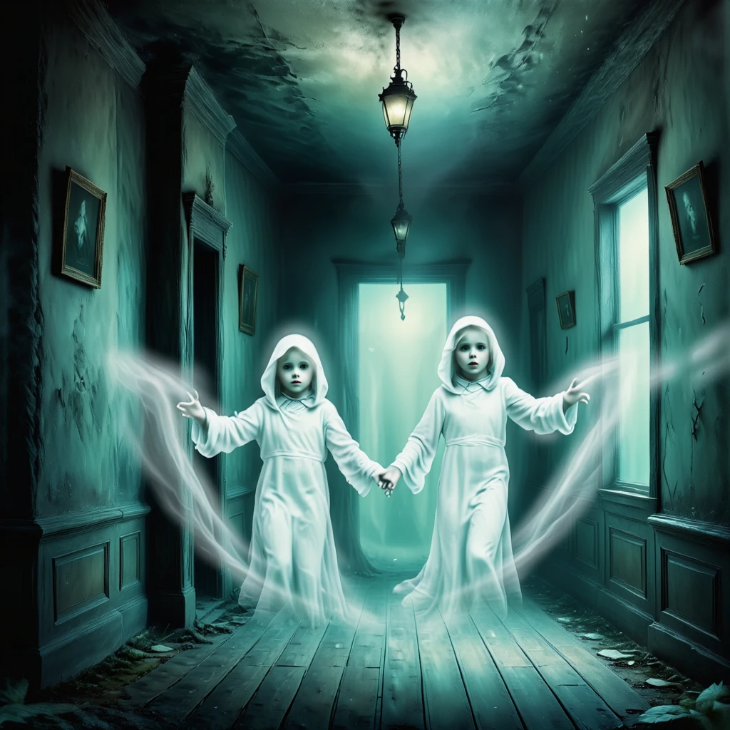 Two little ghost girls floating in a rustic old house, holding hands, looking at the viewer.

Atmospheric.

ghstlyCE style