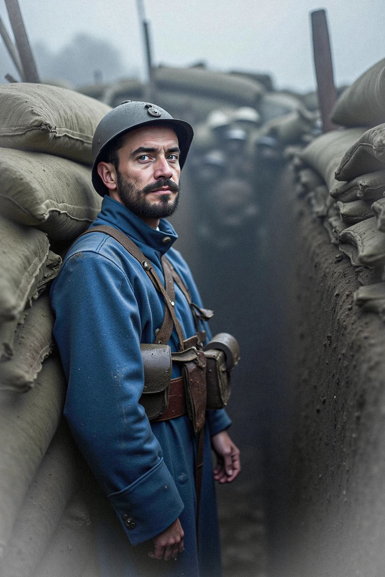 A French WW1 soldier stands alone in a muddy trench, leaning against a wall of sandbags. His blue uniform is caked with mud, and his helmet is tilted slightly to one side. His eyes are hollow, sunken deep into his face, and his unshaven beard is flecked with dirt. Behind him, the trench stretches into the mist, with remnants of warâbroken rifles, shattered helmetsâscattered around. He stares directly into the camera, his expression a mix of exhaustion and quiet despair, as if the weight of the war is crushing him from within. <lora:french_soldier_flux_v1:1>