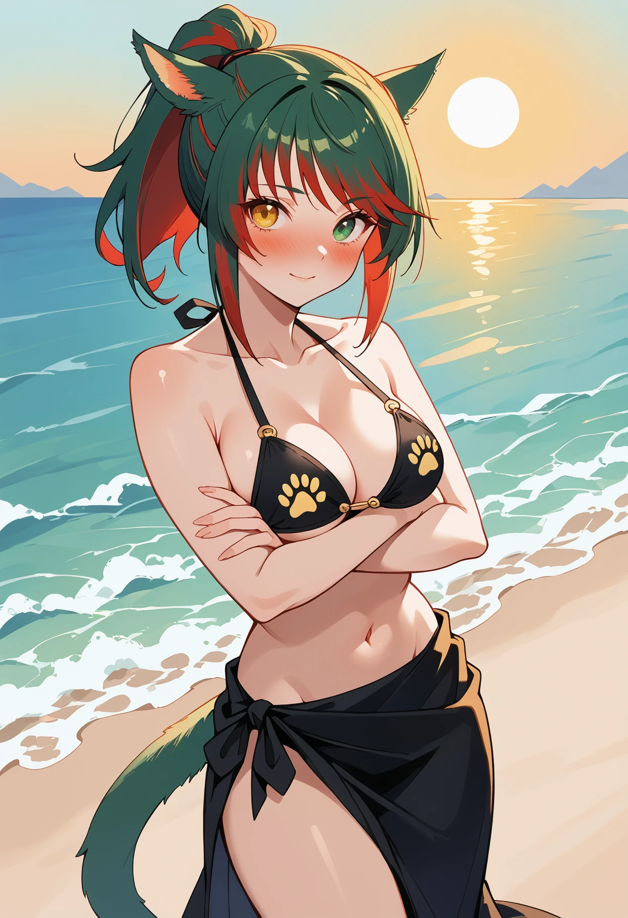 score_9, score_8_up, score_7_up, miqo'te, green hair, red hair, ponytail, short hair, siriha, heterochromia, yellow eyes, green eyes, two-tone hair, tail, medium breasts, bikini,paw print bikini, black sarong with gold trim, light smile, beach, waves, sun, gradient background, sunset, full-face blush,looking at viewer, arms under breasts
<lora:miqote siri (pony) v1:1>