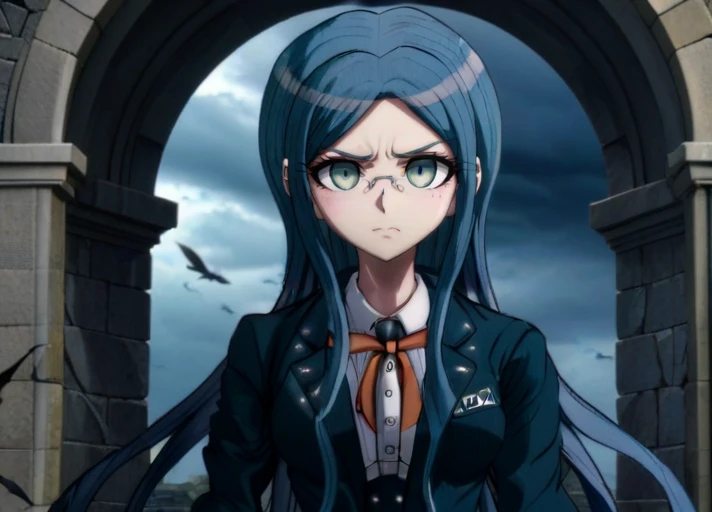 <lora:Tsumugi_Shirogane_SDXL:1>,  zPDXL2, 4n1v3rs3, (2D anime),  This anime screencap is from Danganronpa the Animation.  Tsumugi Shirogane. Tsumugi Shirogane wearing her uniform from Danganronpa V3.  Tsumugi Shirogane is working with and involved in looking back at viewer, An eldritch but spectacular digital watercolor, The shattered citadel of crows, stormy sky, carrion birds, glass shards, Echer geometry, crumbling old stone, disorienting, crow motifs, weird shadows, gargoyles, weird, prismatic, eldritch, haunted, (perfect composition, maximalist and detailed), masterpiece, volumetric lighting, soft shadows