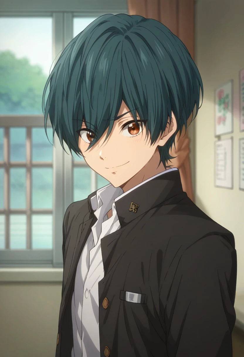 score_9, score_8_up, score_7_up, source_anime, highly detailed, 
ikuya, 1boy, solo, male focus, school uniform, gakuran, standing, aqua hair, brown eyes, looking at viewer, light smile
indoor, japanese,