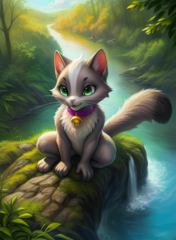 <lora:TrudiRudTruYif:1> TrudiRudTru, cat, gray fur, green eyes, chibi, pink nose, pink collar with golden bell,
[  solo, (nature), forest, day, clouds, waterfall,]  ((cowgirl position,  high-angle view,))
(beautiful, aesthetic, perfect, delicate, intricate, saturated colors), masterpiece, digital drawing, best quality,
[by kenket|by totesfleisch8], by thebigslick:by silverfox5213:0.8], [by syuro, by paloma-paloma::0.2, (Tricksta, TotesFleisch8)