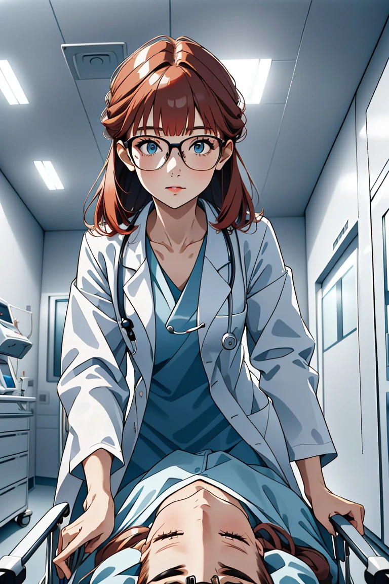 (RAW photo, best quality,facing the viewer,from front), operating room, overhead surgical light,blurred background, focused, dithering,backlighting,
 <lora:CMC_Laura_Marino_V1.0:0.7> cmc924, laura marino, 1girl, solo,red hair,glasses, 
 <lora:Doctor_Push_Stretcher_V2.0:0.8> doctor_pushing_stretcher, 1girl, solo, doctor, stethoscope, labcoat,gurney,