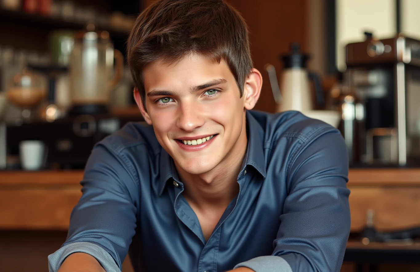 (danny, 20 yo male model) Sitting at a coffee shop, leaning over to the viewer, looking at viewer, reaching out for the viewer's hand, smile. Luxury shirt. Close up view, portrait.