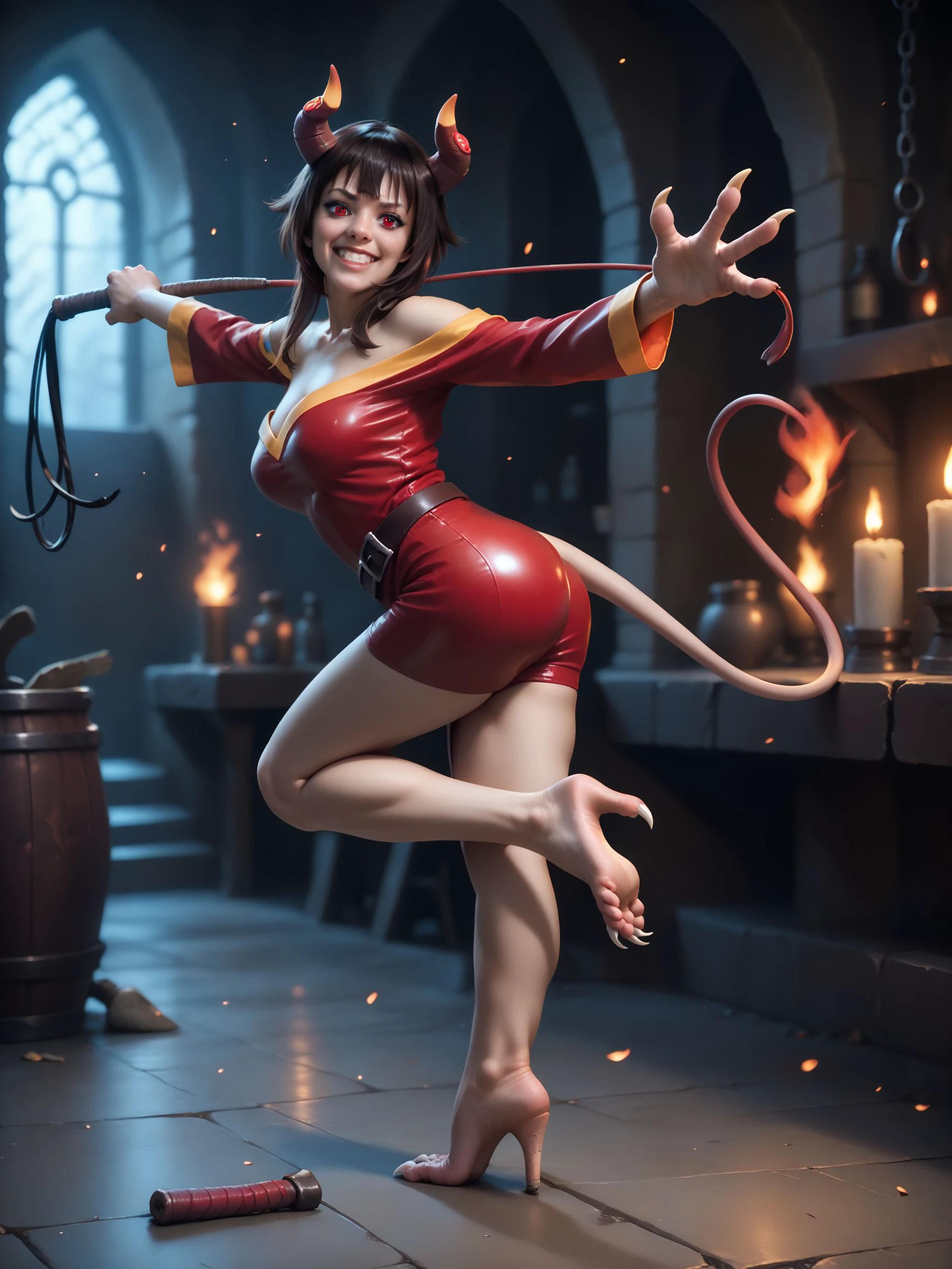 score_9_up, score_8_up, score_7_up, realistic,
a woman in a dungeon, flames, whip, megumin, big breasts
1girl, feet, standing, seductive pose, reaching out,
succubus tail, oni horns, leather red outfit,
<lora:heelfeet-ponyxl-v1a:0.7>, h33lf33t, barefoot, (claw heel:1.1), talons, big ass,
evil grin, from side, leg up, eye shadow, ultra realistic, (high quality, detailed, beautiful), detailed beautiful eyes, realistic, outstanding,
<lora:add-detail-xl:0.7> <lora:xl_more_art-full_v1:0.1>, <lora:Realistic000003_1_2.5DAnime_0.05_Merge1:0.5>