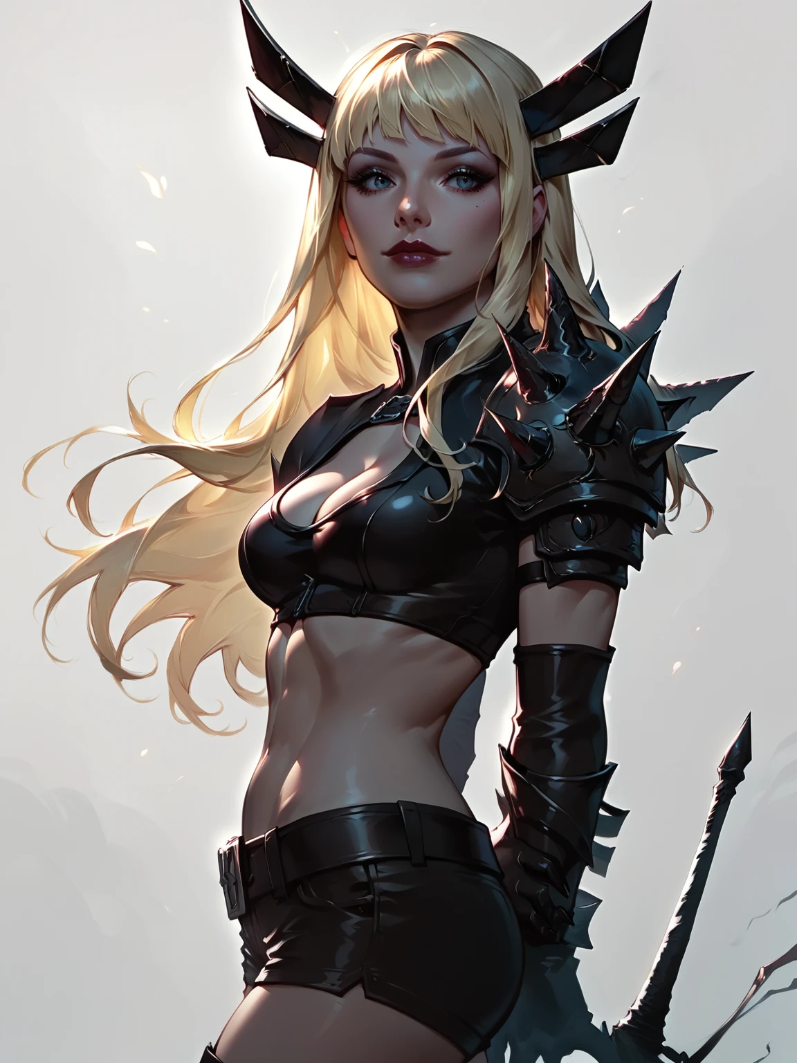 score_9, score_8_up, score_7_up, BREAK, MagikMarvel, 1girl, solo, long blonde hair, black hair decoration, spiked shoulder pad, black gloves, black crop top, cleavage, midriff, black short shorts, high black boots, white background, simple background, from side view, hands behind back, <lora:MagikMarvel:1>  <lora:Concept Art DarkSide Style LoRA_Pony XL v6:1>