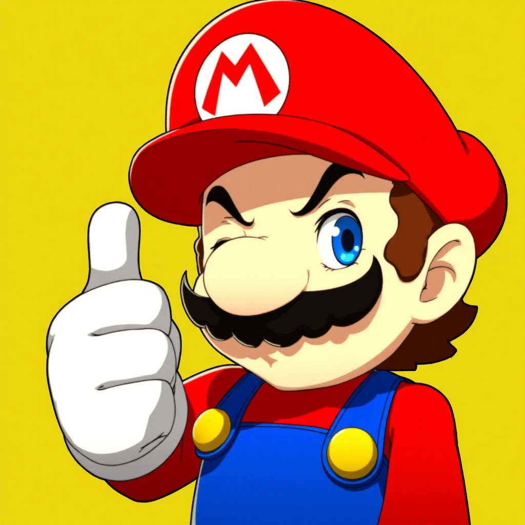 <lora:Persona5-Guy90-Flux-V1:1>, persona5 style, a digital drawing in a stylized anime art style, simple background, mario with a funny mustache. He is giving a thumbs up and wearing a white glove