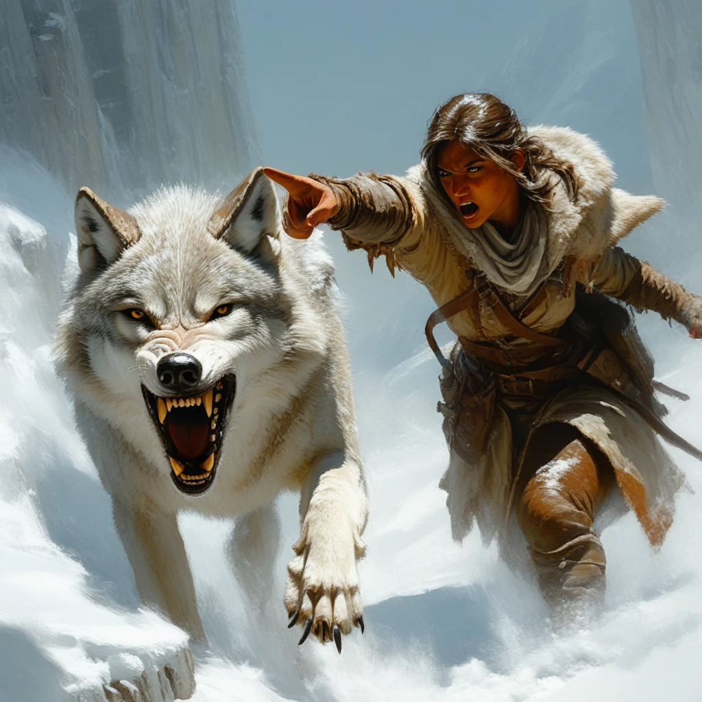 Wolf and Ranger, 1woman, Pointing, Charging, snowy background